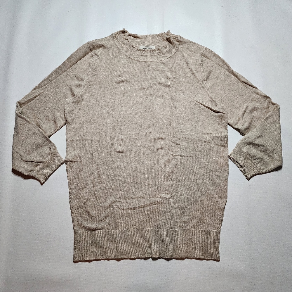 Max Studio Sweater Women's Medium Beige 3/4 Sleeve Shirt Ruffle Round Neck Top